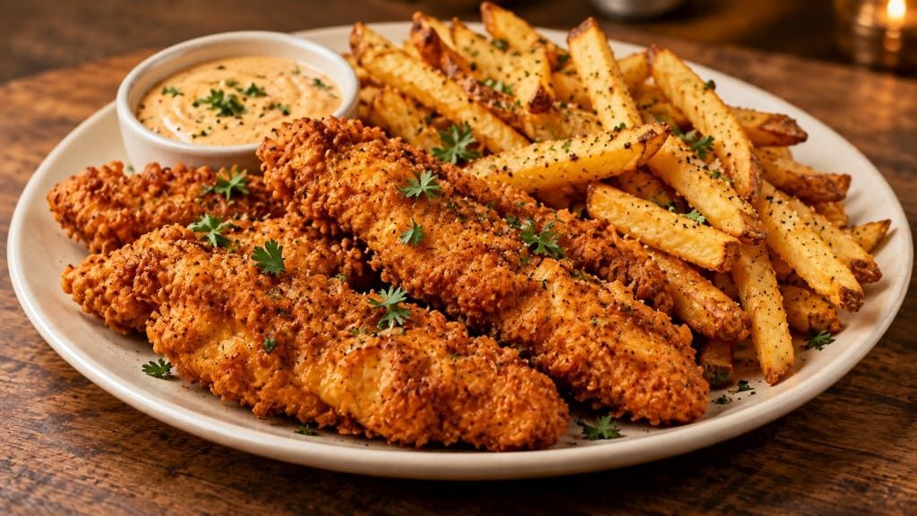 Crispy chicken tenders with fries and dipping sauce