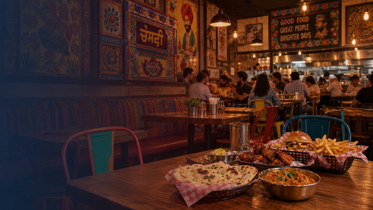 Casual Punjabi-American dining room with colorful artwork, rustic tables, naan, curry, and fried chicken