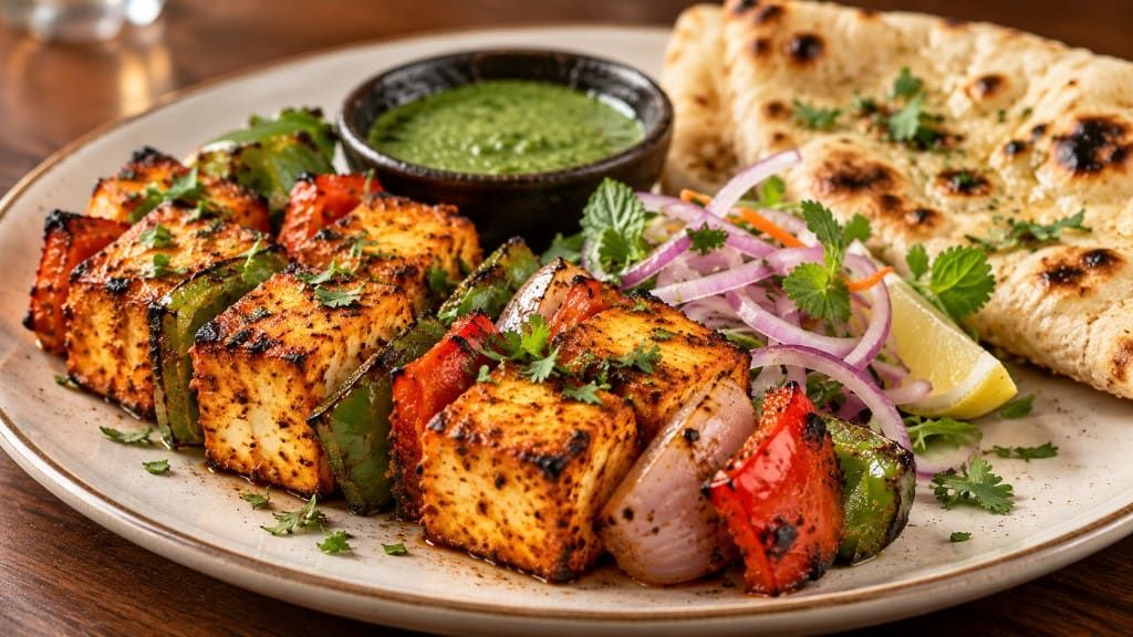 Paneer tikka with peppers, onion, green chutney, and naan